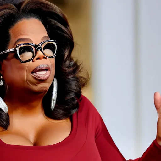 Prompt: oprah staring the camera seriously whilst holding up a mouse