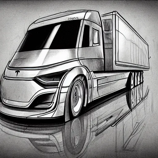 Image similar to handmade sketching of a tesla truck, made during the renaissance, sketch, hd