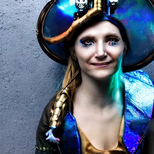 Image similar to pirate woman with iridescent skin, wearing steampunk astronaut clothes, bokeh, 8 k