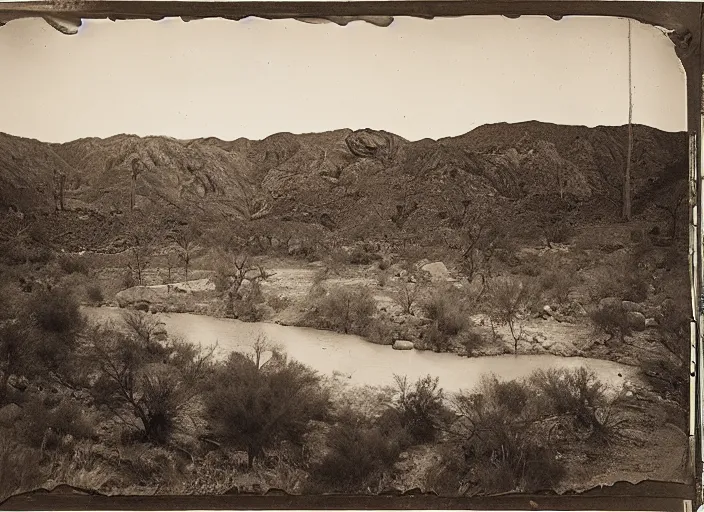 Prompt: View of the Gila river, surrounded by lush desert vegetation and rocky slopes, albumen silver print, Smithsonian American Art Museum