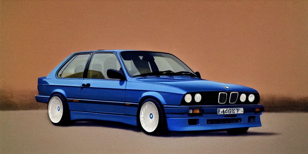 Prompt: bright dark blue BMW e30, hyper realism, depth of view 8k.