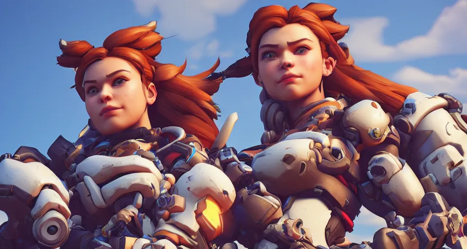 Image similar to one character, overwatch, brigitte, horizon zero dawn, aloy, digital art, high detailed, artstation, octane render