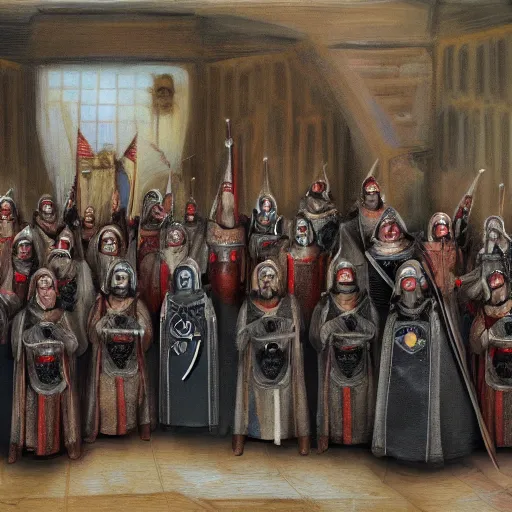 Image similar to award winning portrait photo of knights templar having a party, photorealistic