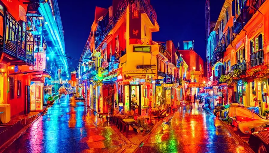 Image similar to a beautiful colorful city street at night