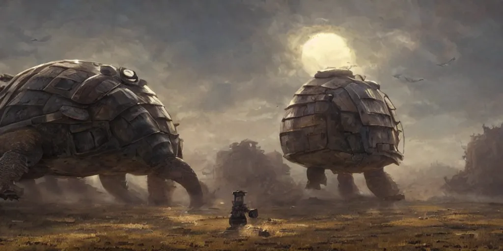 Prompt: buildings on the shell of a giant steampunk turtle, wandering the empty plains at dawn, ethereal fantasy art by greg rutkowski