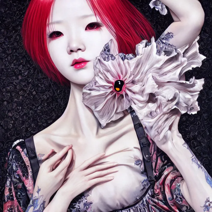 Prompt: elegant korean goth girl, latex, lolita fashion, beautiful, oil painting, sfumato, hyperrealistic, detailed, very smooth, brushwork, sharp focus, mood lighting, concept art, by junji ito, by takashi murakami, by alex grey