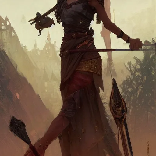 Prompt: a tall woman with dark hair with a crown on her head and a spear in her hand , highly detailed, digital painting, Artstation, concept art, smooth, sharp focus, illustration, art by Greg Rutkowski, Alphonse Mucha