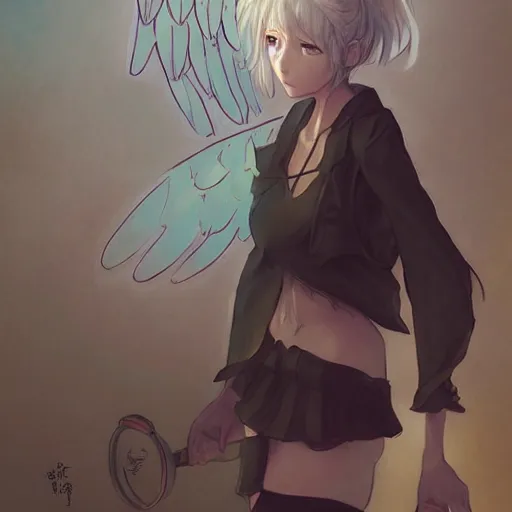 Image similar to cute anime girl bribing the district attorney. angel by krenz cushart and mucha and akihito yoshida and greg rutkowski, nier : automata inspired,