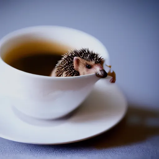 Prompt: baby hedgehog in a teacup, photography, minimalistic