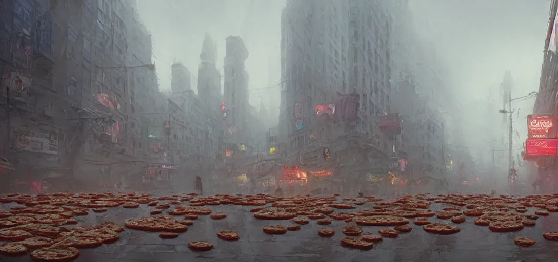 Image similar to a city made of pizza, 80s style, foggy, 8k, james gurney, greg rutkowski, john howe, artstation