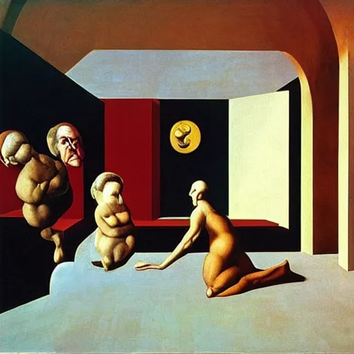 Prompt: “ painting of the problem of knowledge, philosophy, by de chirico, by magritte, by dali, by paula rego ”