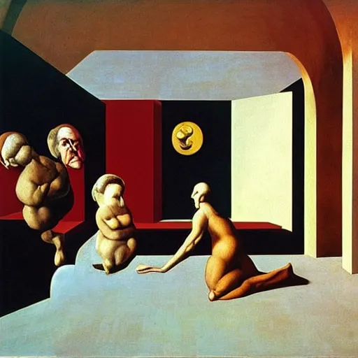 Image similar to “ painting of the problem of knowledge, philosophy, by de chirico, by magritte, by dali, by paula rego ”