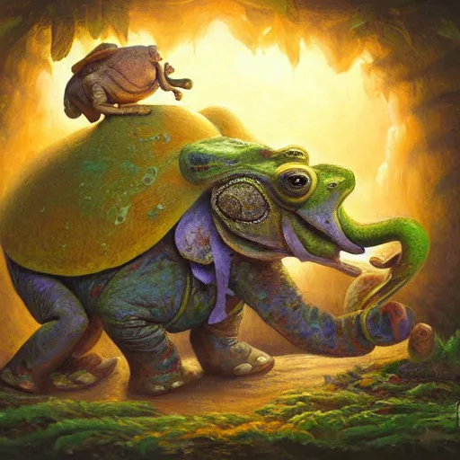 Prompt: frog - elephant creature, colorful oil painting by justin gerard