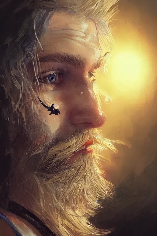 Image similar to blonde wild hair beard man, pirate eye - patch, playing guitare, close - up portrait, powerfull, intricate, elegant, volumetric lighting, scenery, digital painting, highly detailed, artstation, sharp focus, illustration, concept art, ruan jia, steve mccurry