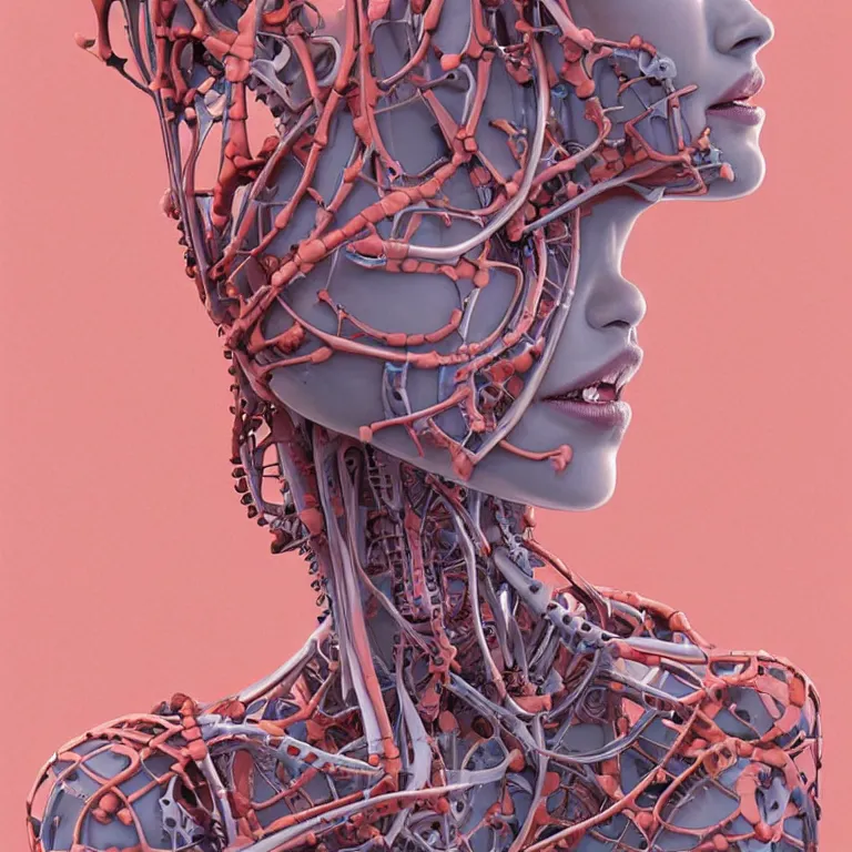 Image similar to portrait of beautiful!! horizontally symmetrical!! ceramic woman's head with coral!! reef hair. torso, mechanical skeleton, biomechanical android. soft light painted by james jean and moebius!!, inspired by mary jane ansell, smooth face feature, horizontal symmetry!!!, intricate oil painting, high detail 3 d render, high detail