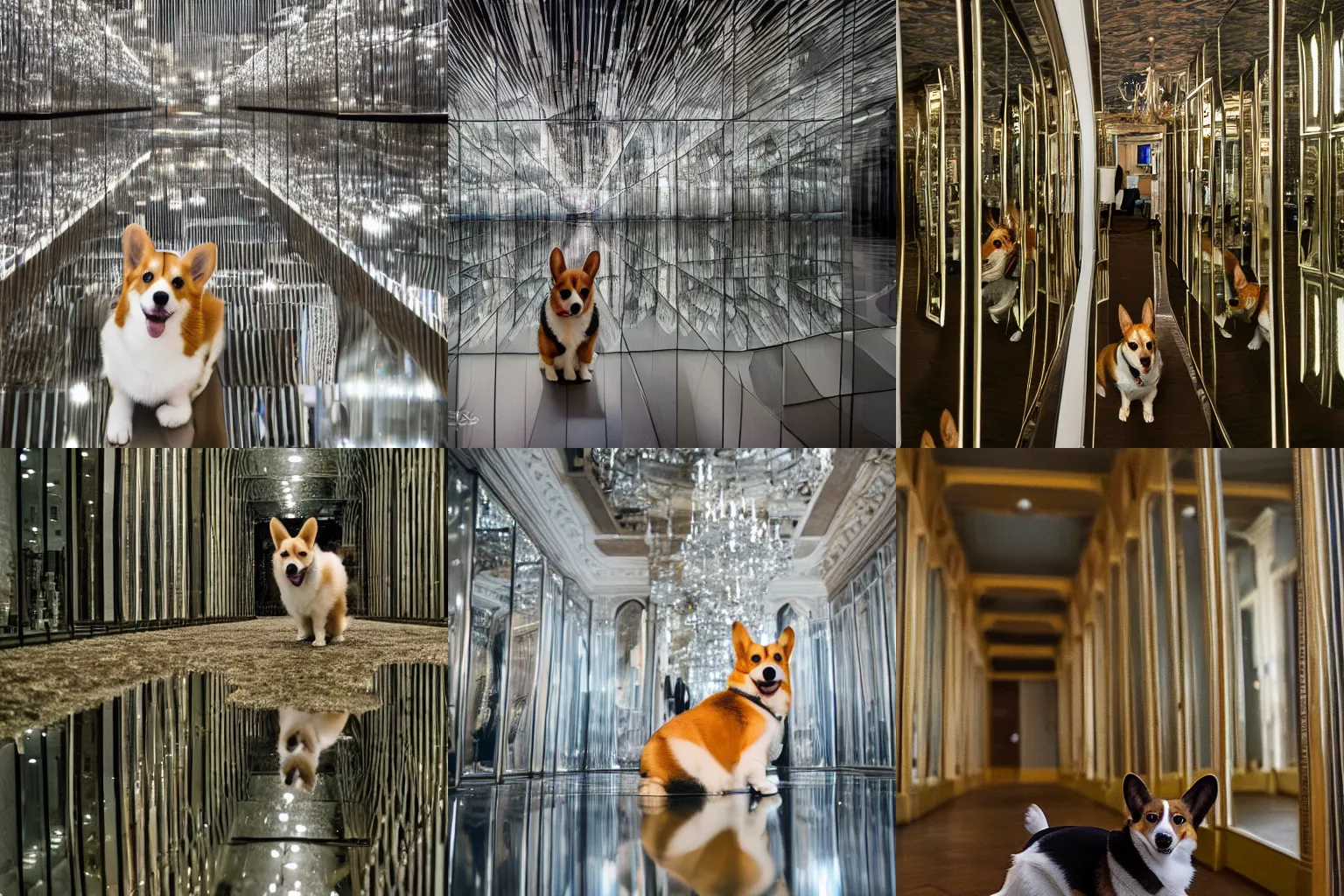 Prompt: Corgi in a hall of mirrors, 4k, DSLR photo, architectural photography