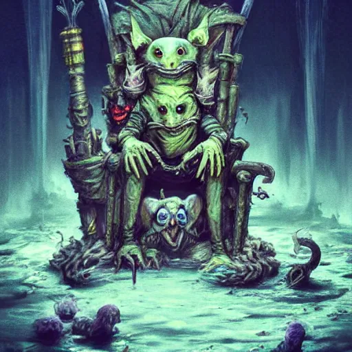 Prompt: murky sewer scene with an evil rat king sitting on a throne and grinning, surrounded by other rats. trending on artstation, fantasy illustration, rat people, extremely detailed