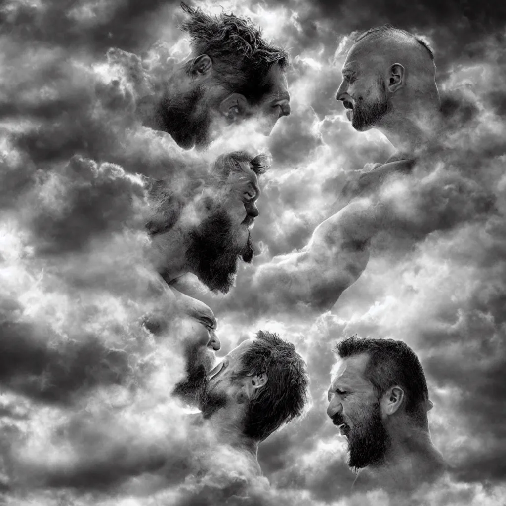 Image similar to hairy strongman angels kissing in the sky, photography, sunrays, clouds, high resolution, highly detailed, epic