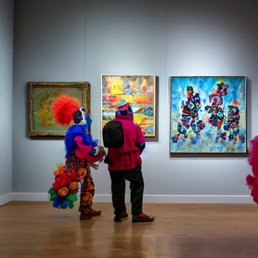Prompt: clown gallery, photo of clowns in an art gallery looking at artwork of clowns