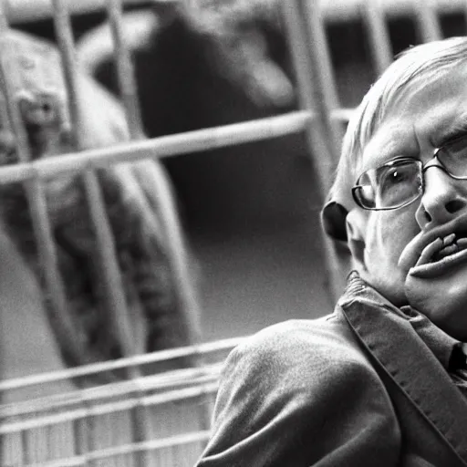 Prompt: stephen hawking in a zoo cage, photography,