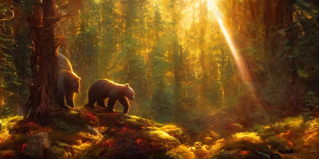 Prompt: bear in the forest, magical energies emanating from it, god rays, wide angle, fantasy art, matte painting, sharp focus, vibrant colors, high contrast, illustration, art by justin gerard