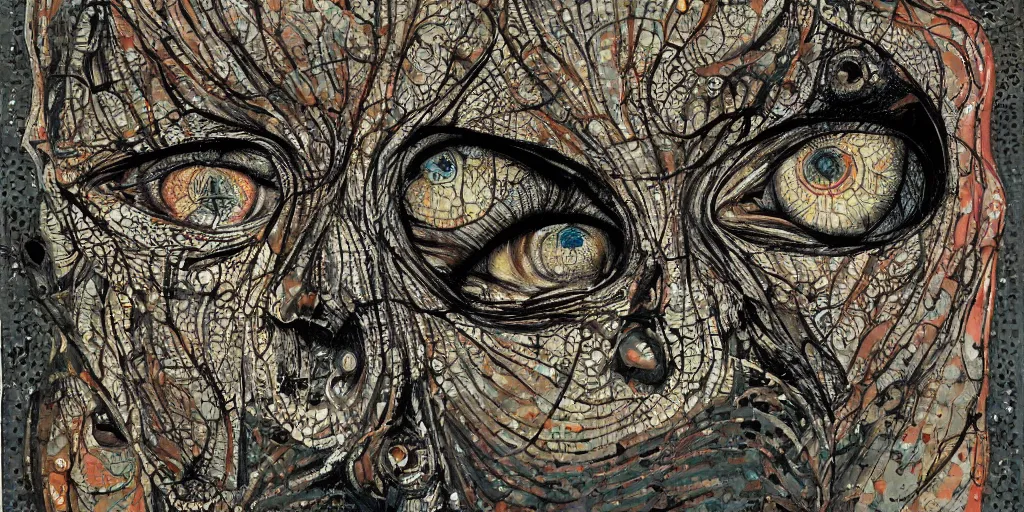 Image similar to camo of eyes, technical, acrylic, teeth, eerie, tribal, clay, dots, lines, stipple, points, grid, cybernetic, old painting, francis bacon, swirly eyes, hypnosis, eerie, sharp