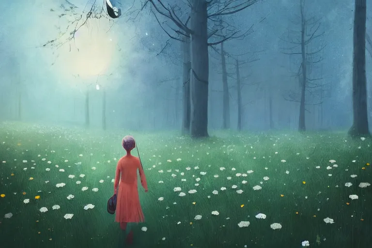 Image similar to giant daisy flower as face, girl walking in forest, surreal photography, dark night, stars, moon light, impressionist painting, clouds, digital painting, artstation, simon stalenhag