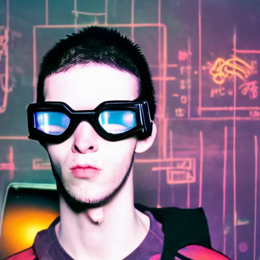 Image similar to kodak portra 4 0 0 photograph of a skinny goth nerd sitting in front of computer screen with face lit up, wearing goggles, moody lighting, telephoto, 9 0 s vibe, blurry background, vaporwave colors, faded!,