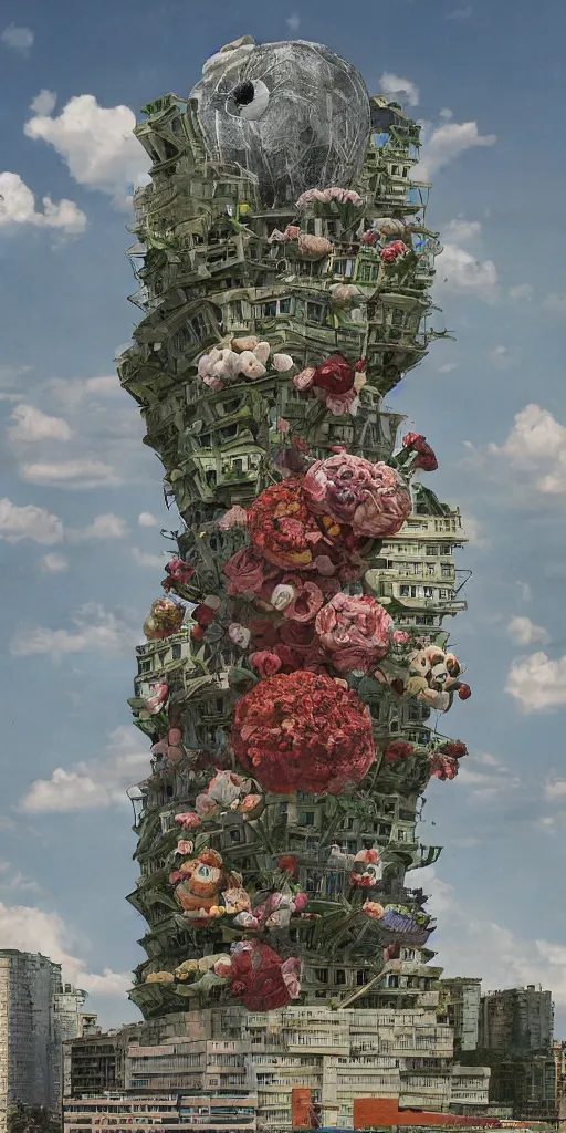 Image similar to giant grotesque flower in the middle of abandoned post soviet constructivist cityscape, Stalinist architecture, ultradetailed by Hayao Miyazaki and Josan Gonzalez and Makoto Shinkai and Giuseppe Arcimboldo