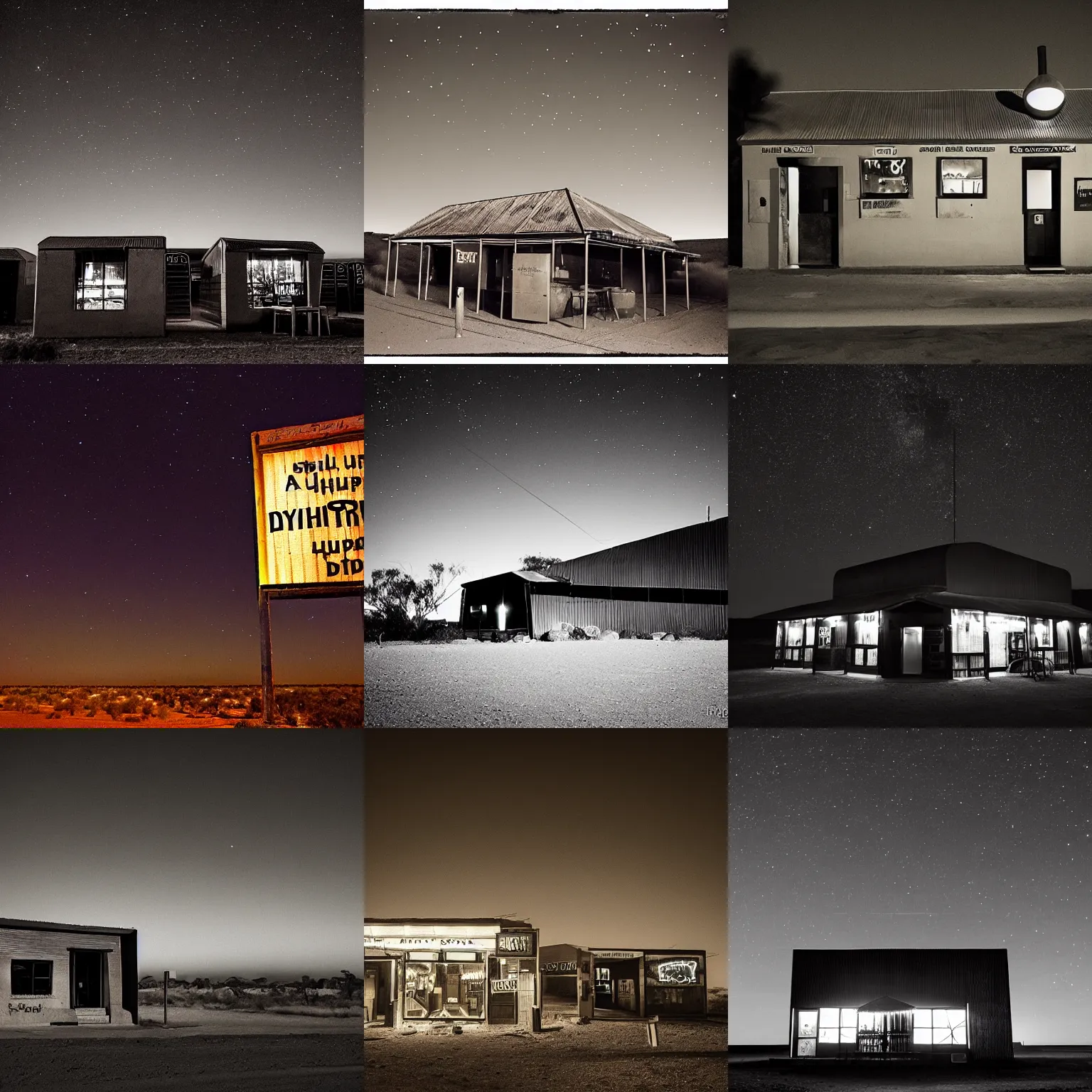 Prompt: a dystopian pub in the outback desert, night photography, by brassai