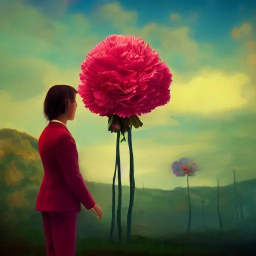 Image similar to giant carnation flower head, girl in suit, surreal photography, sunrise, dramatic light, impressionist painting, digital painting, artstation, simon stalenhag