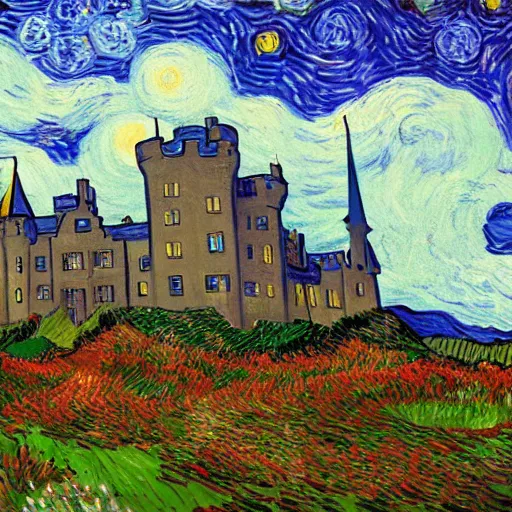 Image similar to a lovely scottish castle in a wide field, surrounded by flowers warm lighting in the style of Vincent Van gogh