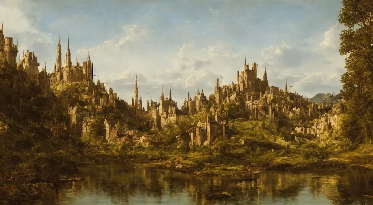 Prompt: A oil painting of a medieval city on the edge of a lake.Achenbach Andreas.Landscapes,Lord of the Rings.4k