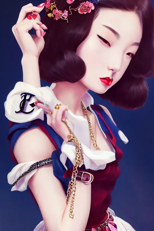 Image similar to a pin up and beautiful fashion dreamlke japan girl with lv jewelry, character art, art by artgerm and wlop and and ilya kuvshinov, hyperdetailed, 8 k realistic, symmetrical, frostbite 3 engine, cryengine, dof, trending on artstation, digital art, chanel, dior, fantasy background