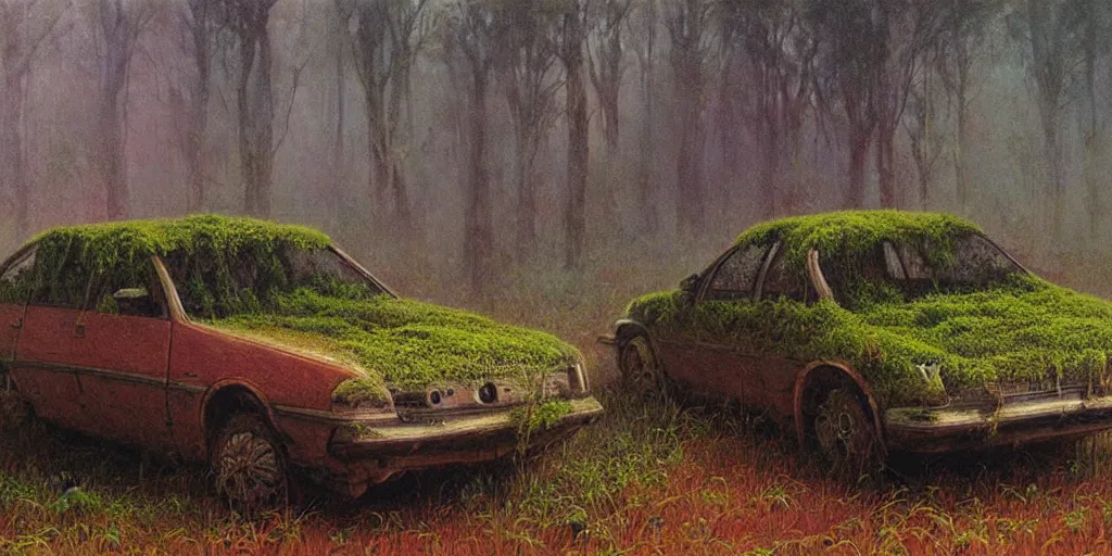 Image similar to hyper realistic painting of an australian landscape, an abandoned holden commodore covered with moss. by Zdzislaw Beksinski
