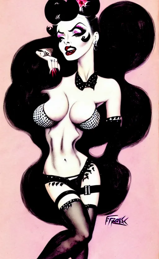 Image similar to burlesque psychobilly, rockabilly, punk, goth girl with a detailed face and black hair, white background, illustration by frank frazetta