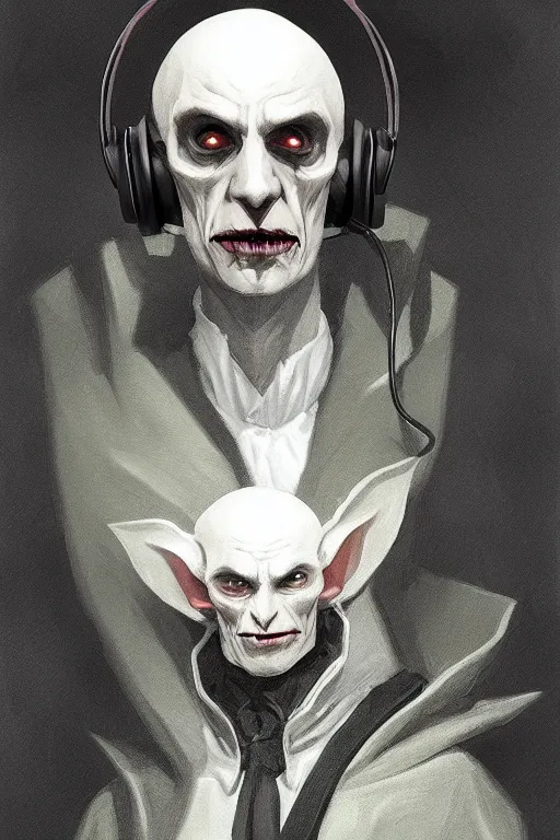 Image similar to stylish nosferatu with a gaming headset looking at his monitor d & d, fantasy, portrait, highly detailed, headshot, digital painting, trending on artstation, concept art, sharp focus, illustration, art by artgerm and greg rutkowski and magali villeneuve