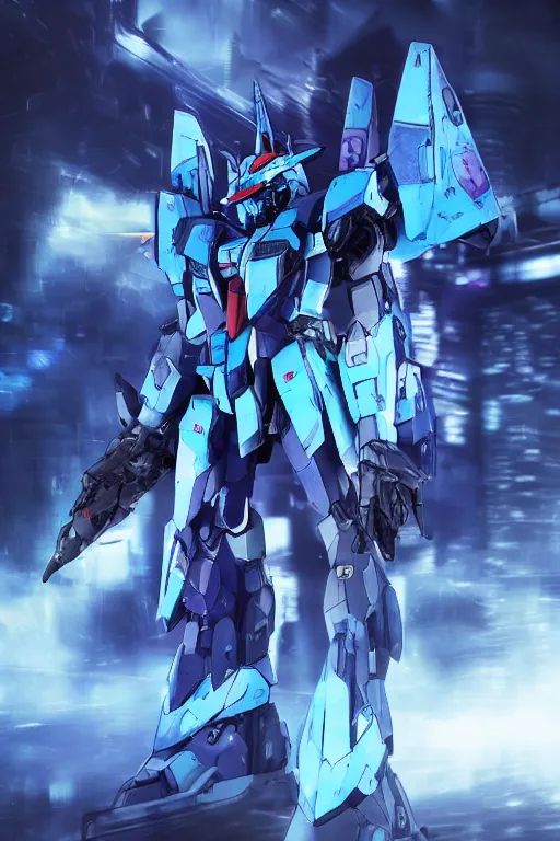 Image similar to Azure Wolf wolf GUNDAM on a futuristic cyberpunk city under heavy rain, cinematic lighting, Lightning arc plasma, symmetric full body azure GUNDAM mecha, GUNDAM wing style armor, GUNDAM armor, samurai armor, mortar heads, mech suit, full body armor, lamellar armor, exoskeleton, post processing, ultra detailed, trending on artstation