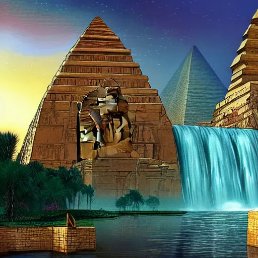 Prompt: old egyptian structures with waterfalls, epic retrowave art, trending on art station