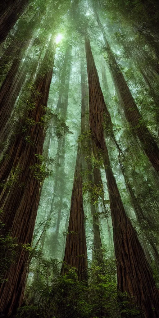 Prompt: numerous redwood trees faintly glowing in dark night jungle, wide angle shot, fantasy digital art, highly detailed