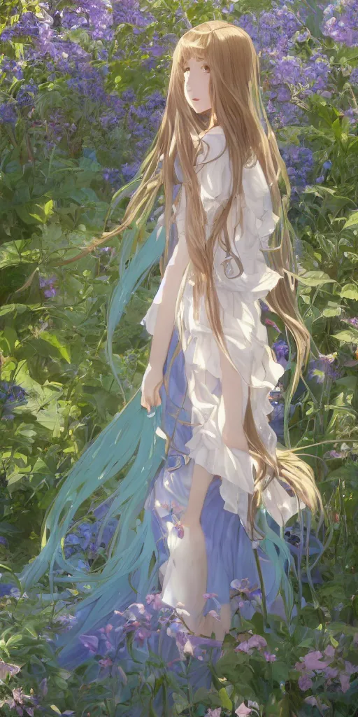 Prompt: a digital art of a loli with long hair in a dress in the privet garden at after noon, blue and warm theme, back lighting, by krenz cushart and mucha and akihito yoshida and greg rutkowski and makoto shinkai, detailed eyes, 4 k resolution, trending on art station