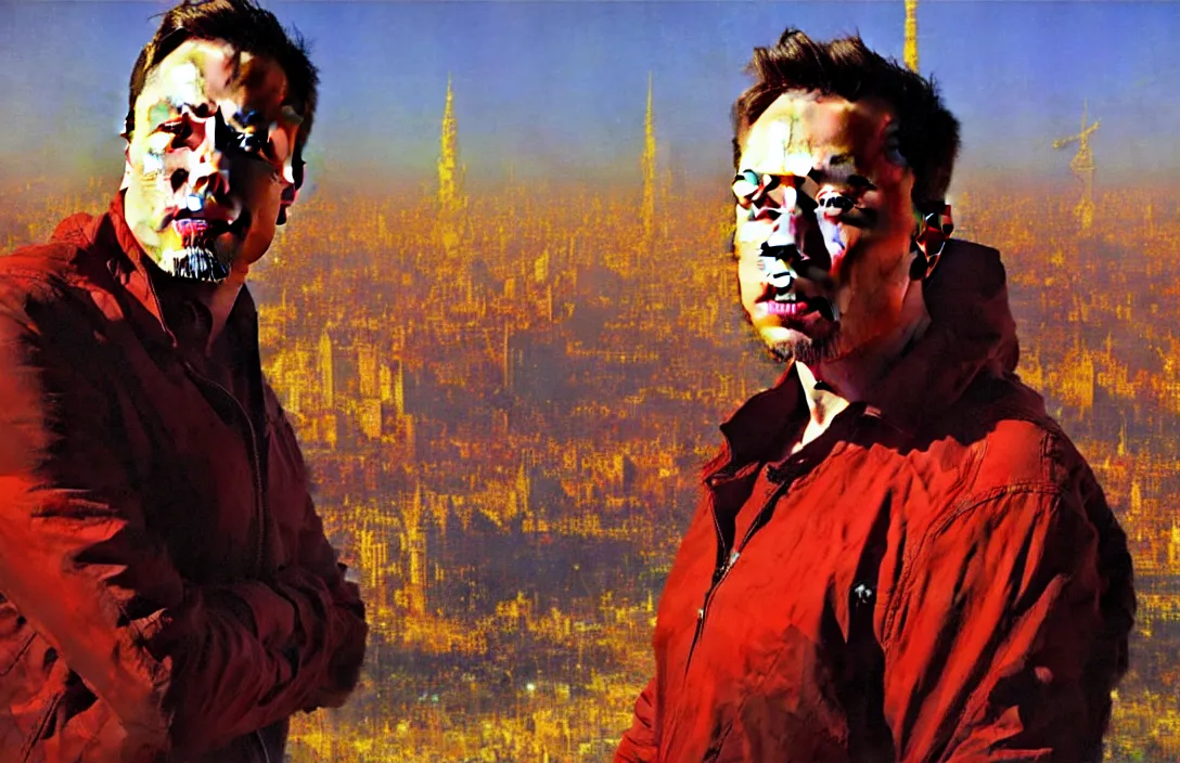 Image similar to portrait of elon musk!!!!!!!!!!!!!!!!!!!!!!!!!!!, detailed face, detailed painting, detailed city background, epic lighting, by ilya repin and phil hale