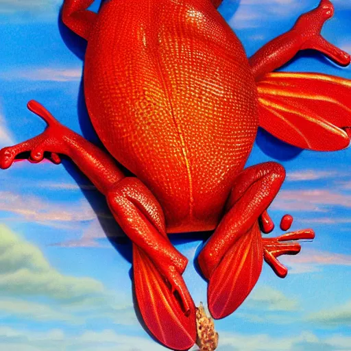 Image similar to giant red frog with giant dragonfly wings flying over a city in flames, photorealism, oil paint, renaissance, 8 k, high detail whide shot