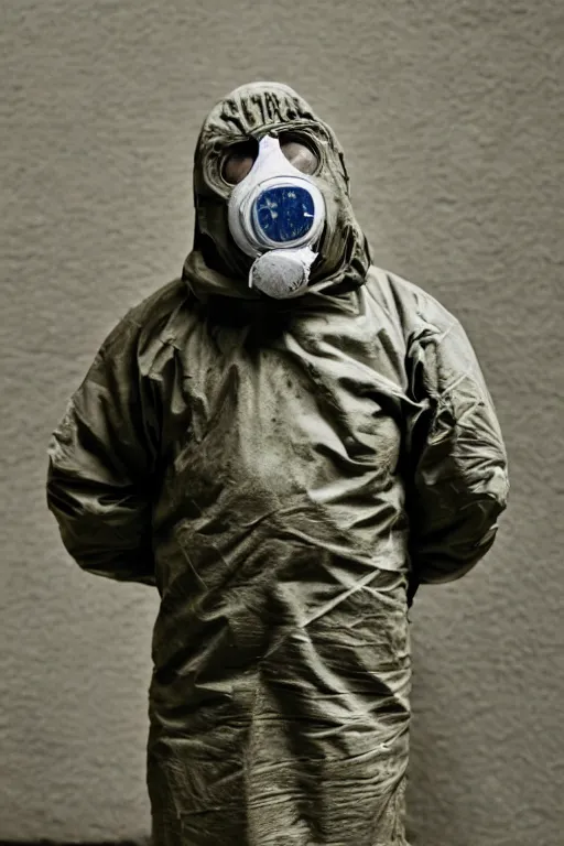 Image similar to .dalle gentleman in nuclear protective clothing with mask in the midst of the debasement. realistic, very realistic cinematographic, photo, photorealistic