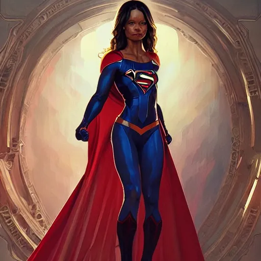 Prompt: full figure ultra realistic illustration, thandie newton as demonic supergirl, intricate, elegant, highly detailed, digital painting, artstation, concept art, smooth, sharp focus, illustration, art by artgerm and greg rutkowski and alphonse mucha