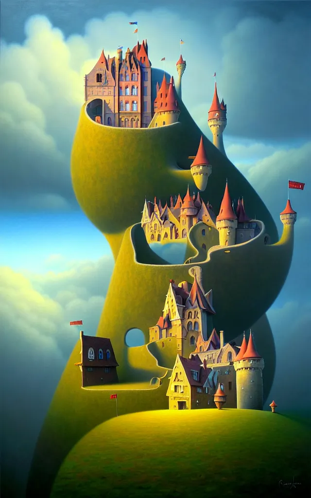 Image similar to close view of a castle an oil on canvas portrait painting of world castle happy place, volumetric light godray, surrealism, surrealist, impossible geometry, rob gonsalves, high detail fantastic gediminas pranckevicius