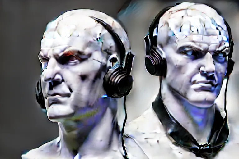 Image similar to a marble sculpture of agent 4 7 from hitman wearing headphones