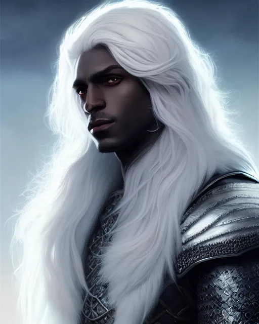 Image similar to portrait, beautiful male drow, long wavy white hair, super detailed, light black armor with silver accenting, silver jewelry, fur lined cape, 8 k, filmic, octane render, sunlight, clouds, artstation, greg rutkowski, rossdraws, william bouguereau, sharp focus