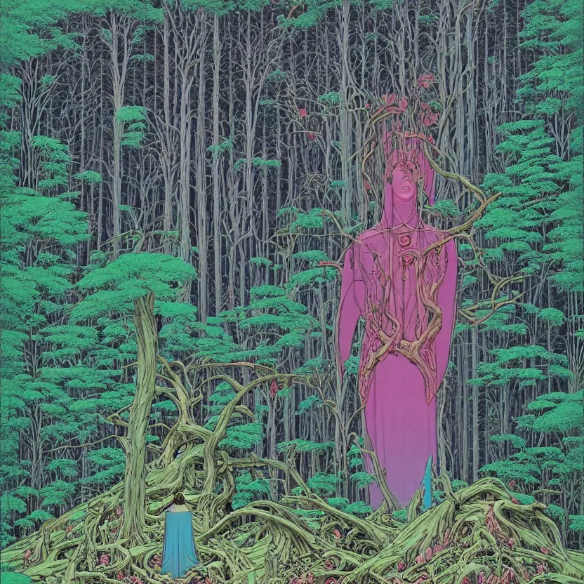 Image similar to ( ( ( ( ( sacred ancient ruins and guardian creatures in the forest ) ) ) ) ) by mœbius!!!!!!!!!!!!!!!!!!!!!!!!!!!, overdetailed art, colorful, record jacket