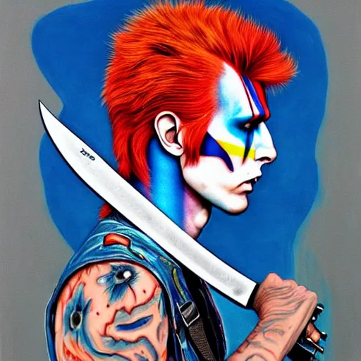 Prompt: Ziggy Stardust! holding a Bowie knife, james jean!!!, realism
